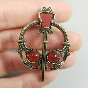 Vintage Celtic Style Red Cabochon Brooch, Kilt Shawl Scarf Lapel Pin, Estate